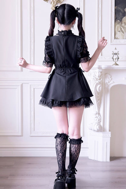 Jirai Stripe Lace Puff Sleeve Top + Short Skirt