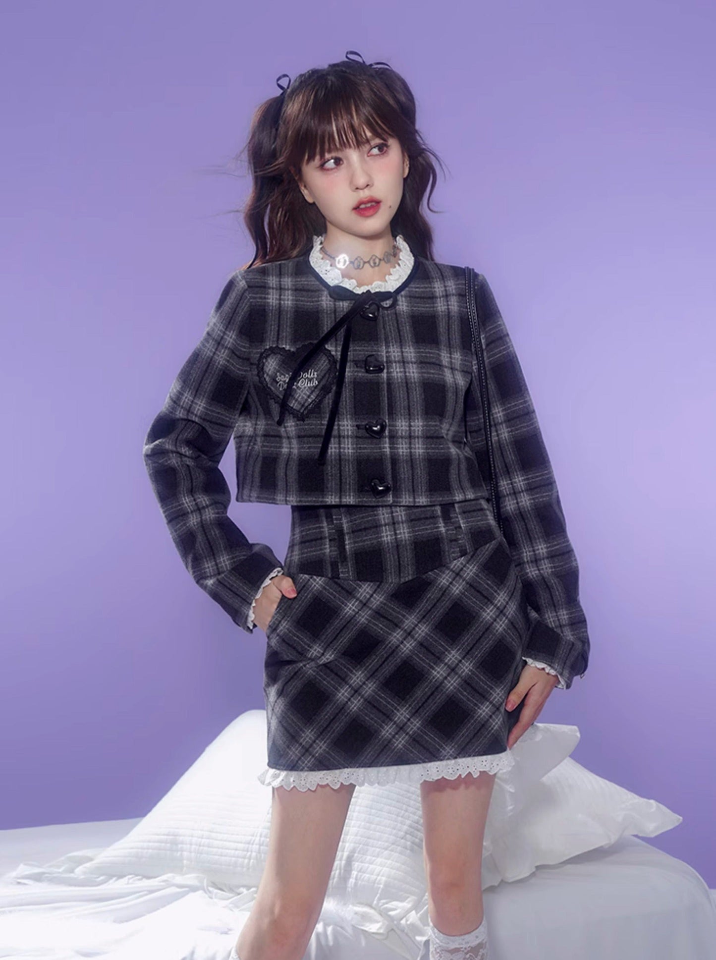 Dark Color Check Jacket + Lace Check Skirt