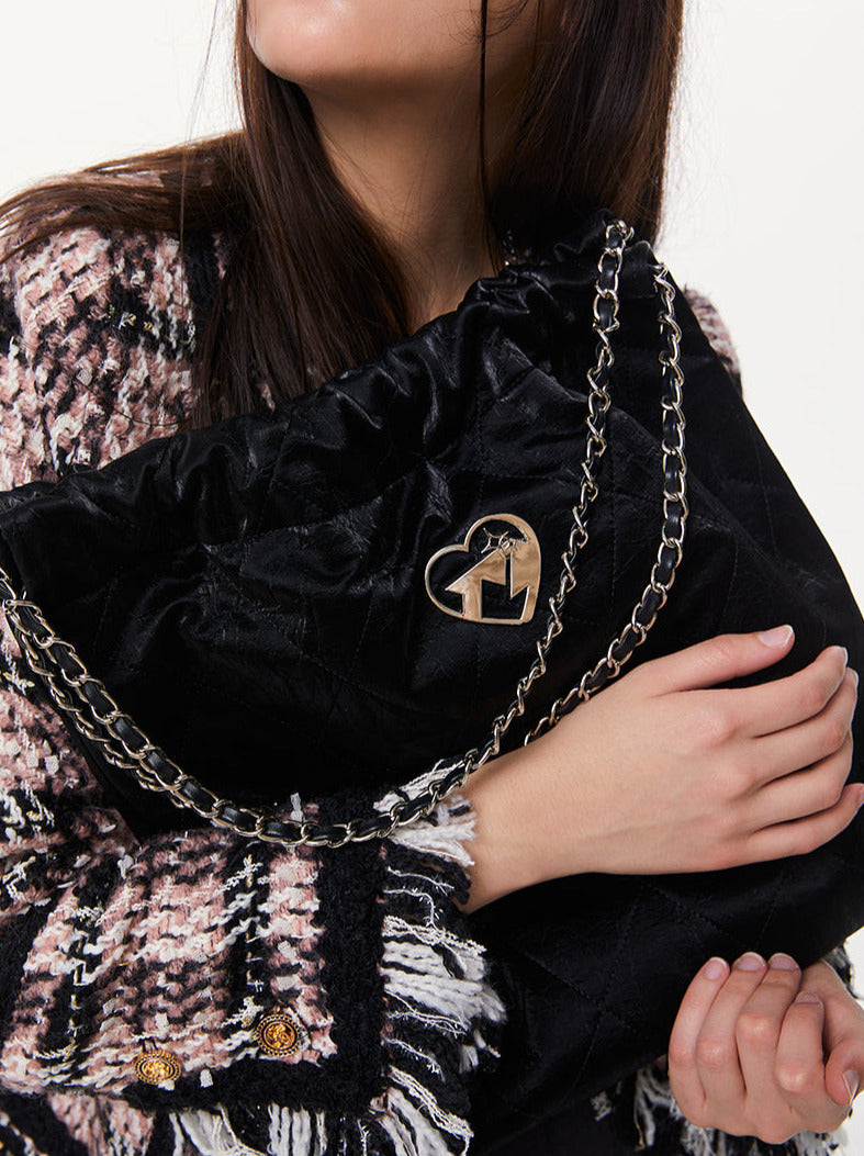 Cool Metal Diamond Quilted Leather Chain Tote Bag