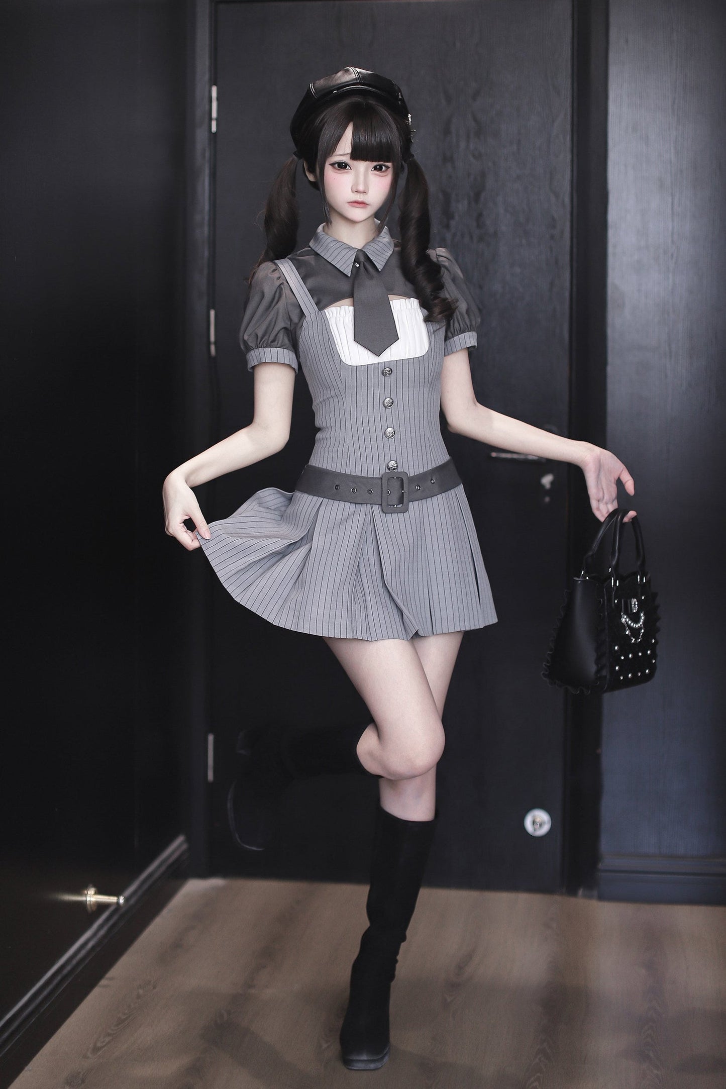 [pre-order Deadline: April 15] Gray Pinstripe Tie Collar Short Jacket Dress Full Set + Jewel Casquette