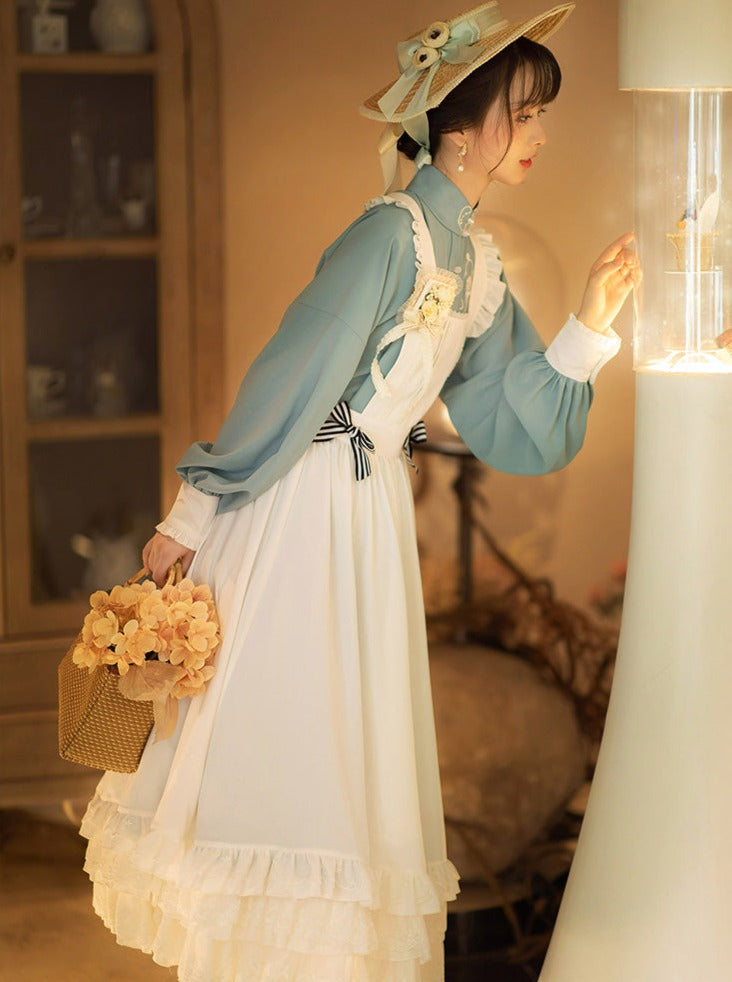 Stand Collar Double-breasted Coat Lace Apron Overskirt Set