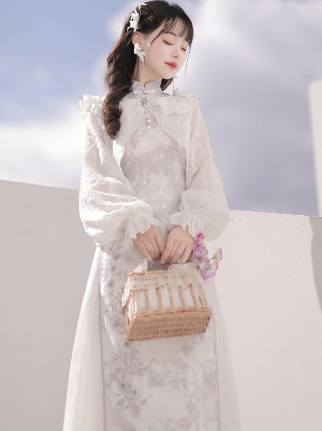 Sheer Cardigan + Flower Cheongsam Dress + Pleated Skirt