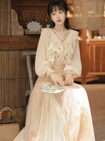 Chinese-style Lace Ruffled Blouse + Pleated Slit Long Skirt