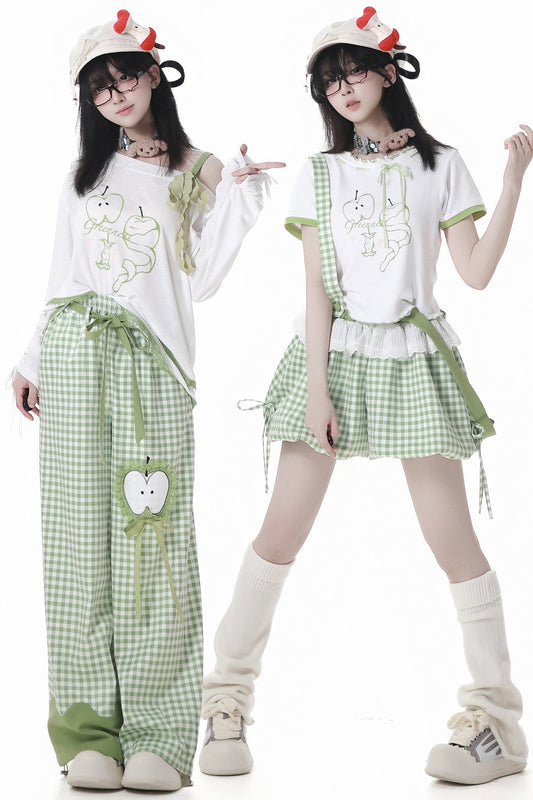 Blue Apple Vibe Top + Suspender Skirt + Wide Pants