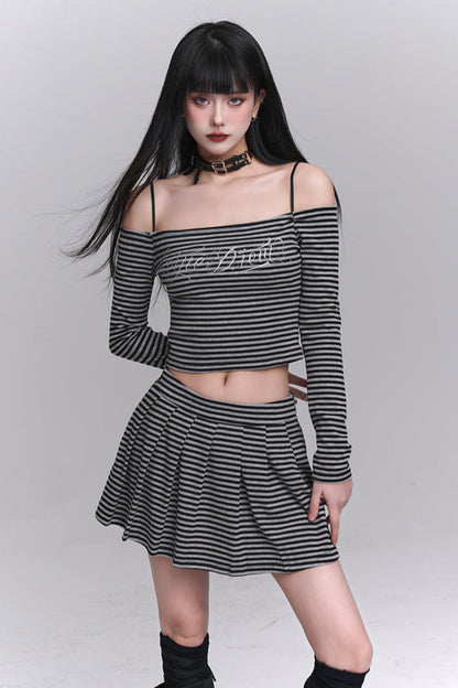 Striped Off-shoulder Top + Short Skirt