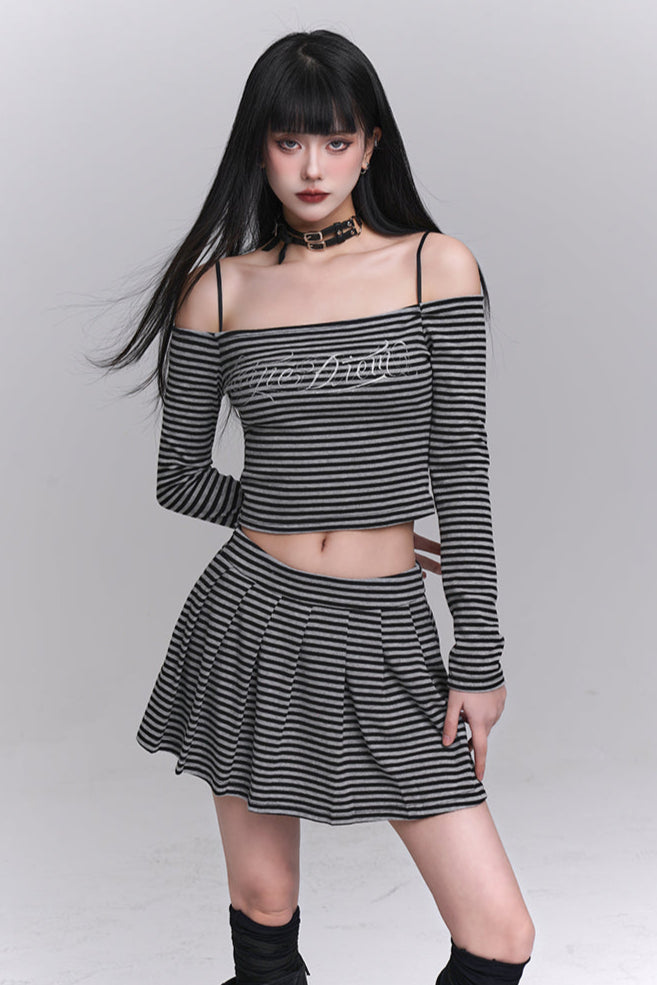 Striped Off-shoulder Top + Short Skirt