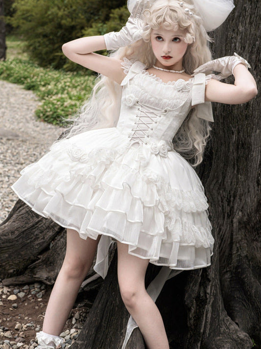 Lolita Wedding Rose Lace-up Tiered Bustier & Suspender Dress Set