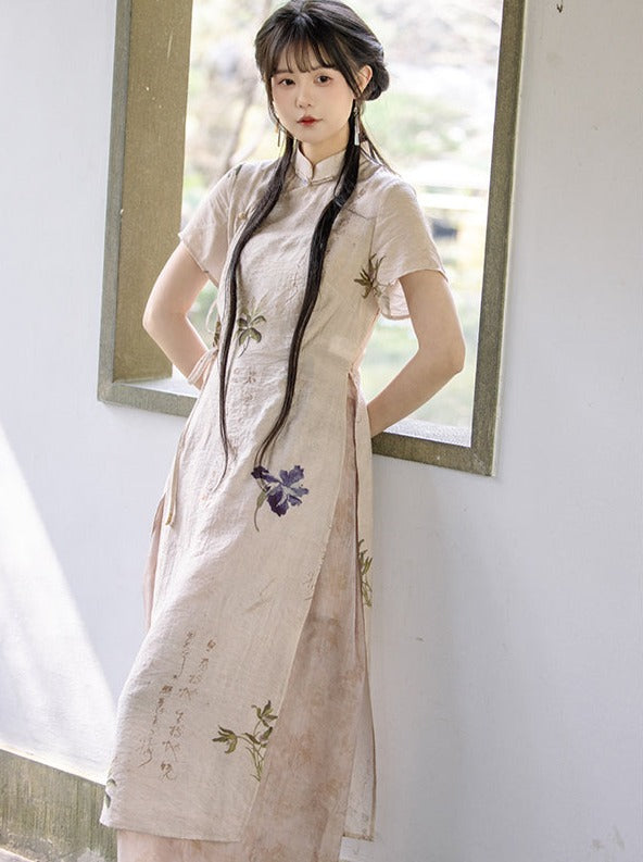 Retro Cheongsam Dress + Wide Leg Pants