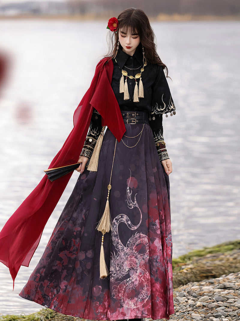 Fire China Long Coat + Top + Long Skirt