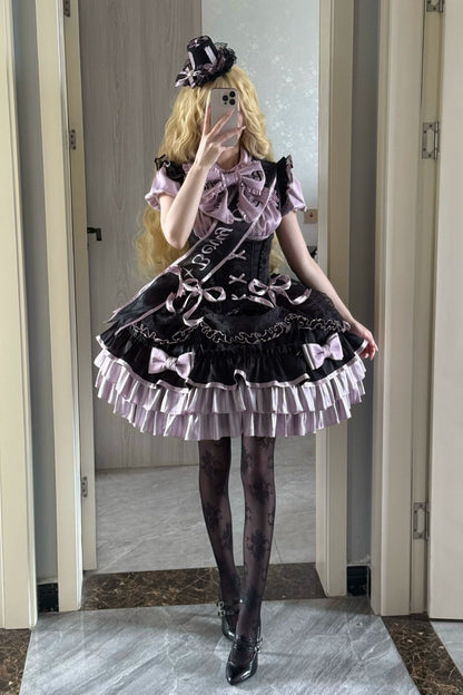 [order Deadline: May 12] Black Purple Lolita Idol Ribbon Puff Sleeve Shirt + Corset Tulle Pull-up Jks Dress Set