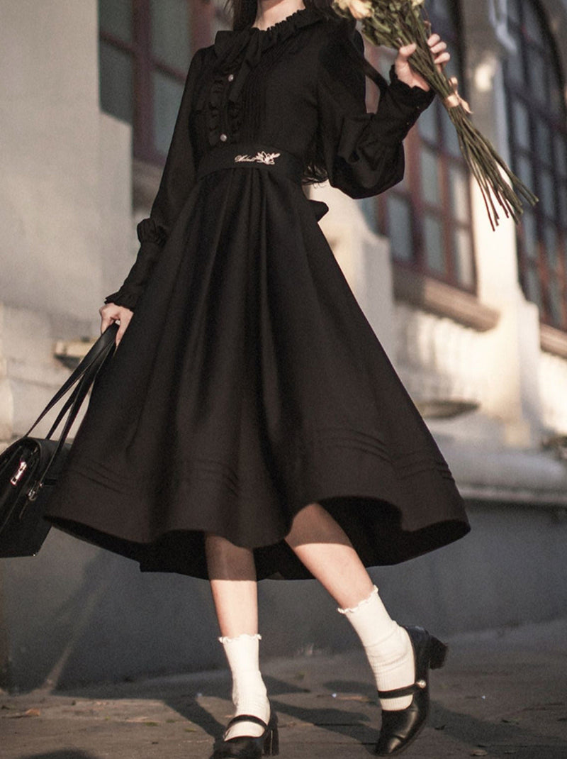 Retro Suit Red Short Jacket + Black Ruffle Lantern Sleeve Dress + Ribbon Tie