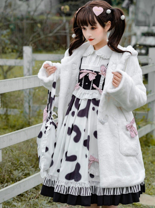 Fur Coat + Cow Suspender Skirt + Blouse