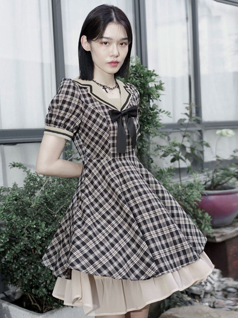 Plaid Bow Sailor Layered Dress