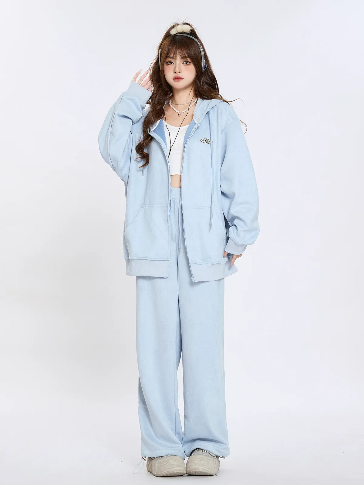 Suede Hooded Sweatshirt Lazy Style Set