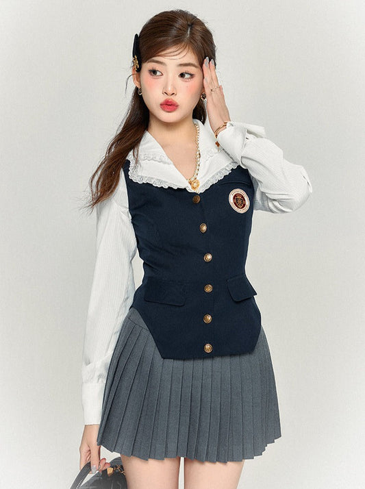 Slim Retro College Vest + Shirt + Pleated Skirt
