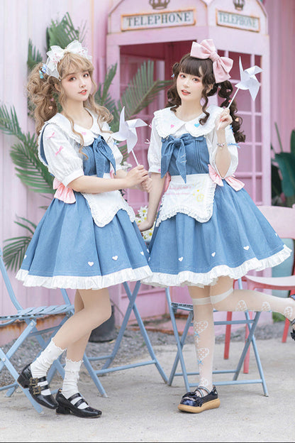 Light Raw Denim Lolita Jumper-skirt + Doll Innerwear + Apron