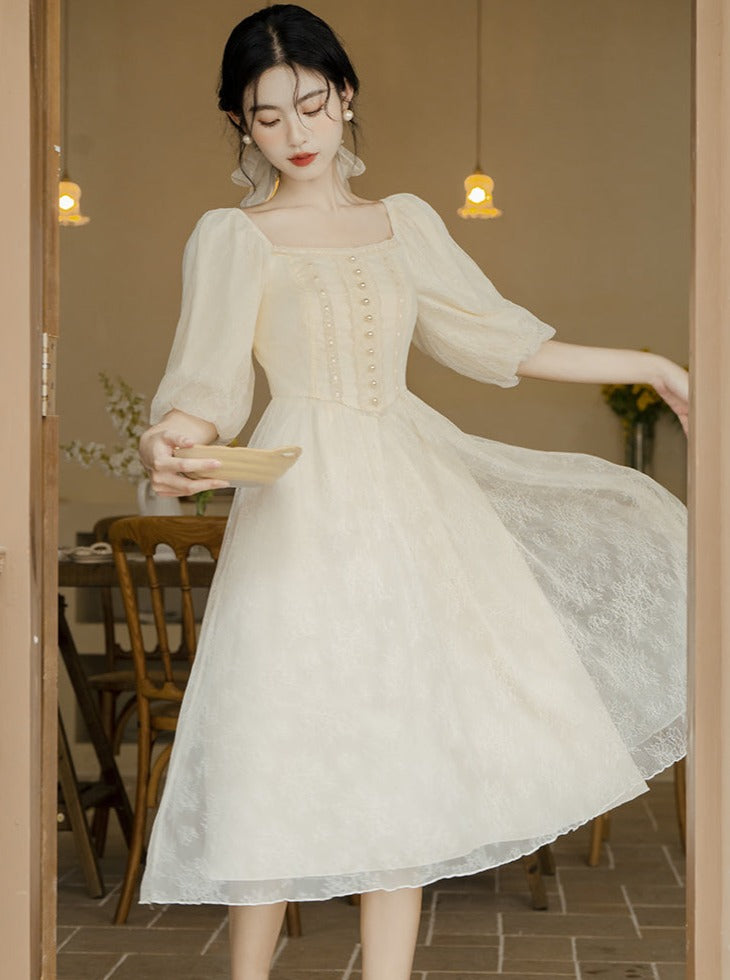 French Square Neck Lantern Sleeve Dress