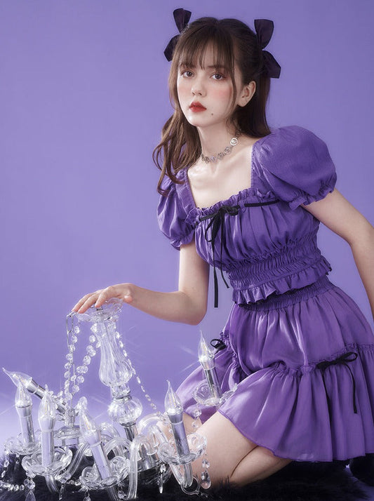 Chiffon Waist Square Collar Puff Sleeve Princess Set