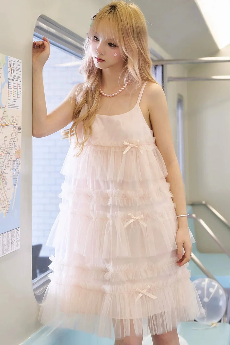 Pink Ruched Mesh Camisole Dress