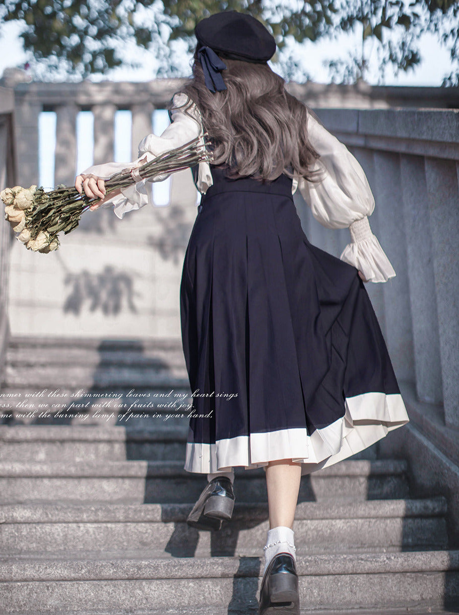 College Style Retro Ruffle Chiffon Blouse + Cyan Dress + Beret + Emblem + Necktie