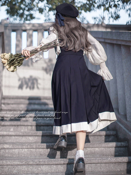 College Style Retro Ruffle Chiffon Blouse + Cyan Dress + Beret + Emblem + Necktie