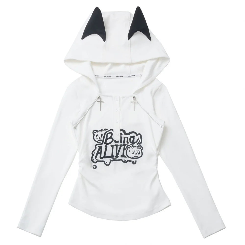 Cat Ear Hooded Top + Loose Knit Sweater + Cargo Pants + Strap Skirt