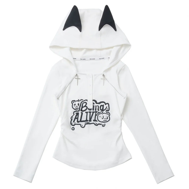 Cat Ear Hooded Top + Loose Knit Sweater + Cargo Pants + Strap Skirt
