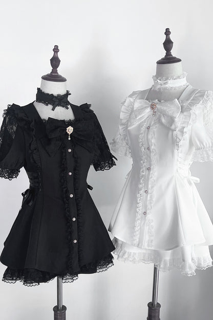 Jirai Stripe Lace Puff Sleeve Top + Short Skirt