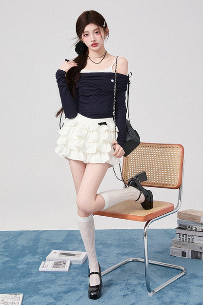 Bow One Shoulder Knit Top + Pleated Skirt + Ribbon Tiered Skirt