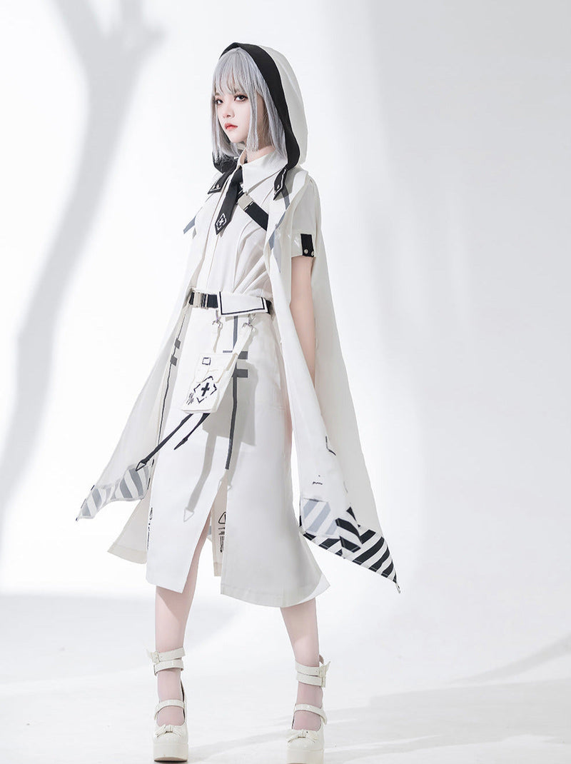 A Line Skirt Design Cape Suit [hoodie Cape + Shirt + Skirt + One Shoulder Cape]