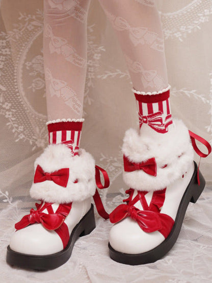 Snow Lolita Mid-heel Color Block Ribbon Sweet Velvet Short Boots