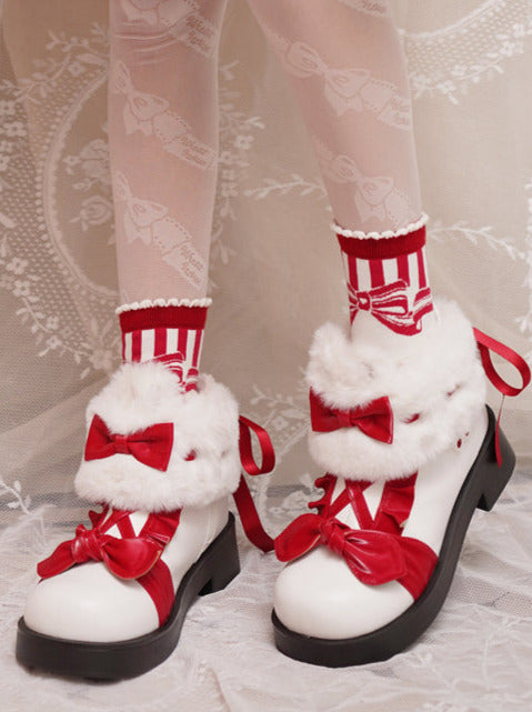 Snow Lolita Mid-heel Color Block Ribbon Sweet Velvet Short Boots