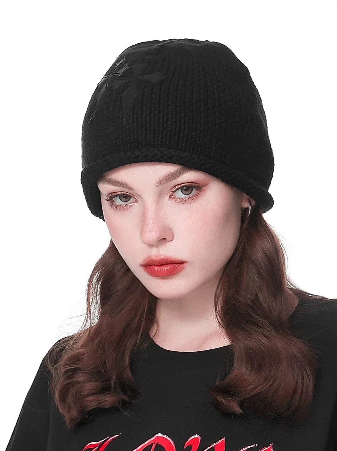 Dark Cross Leather Layered Knit Beanie