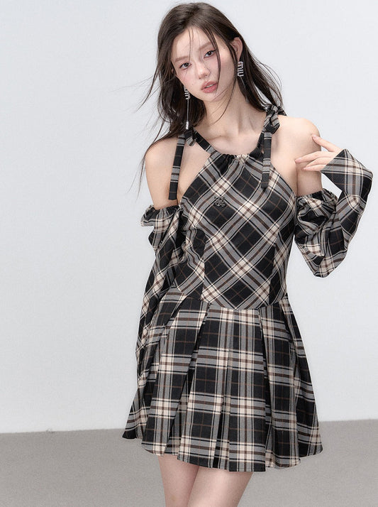 French Suspender Plaid Ribbon a Line Dress