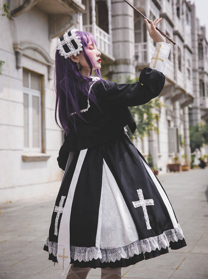Cross Lolita Dress + Short Jacket + Headband + Veil + Collar