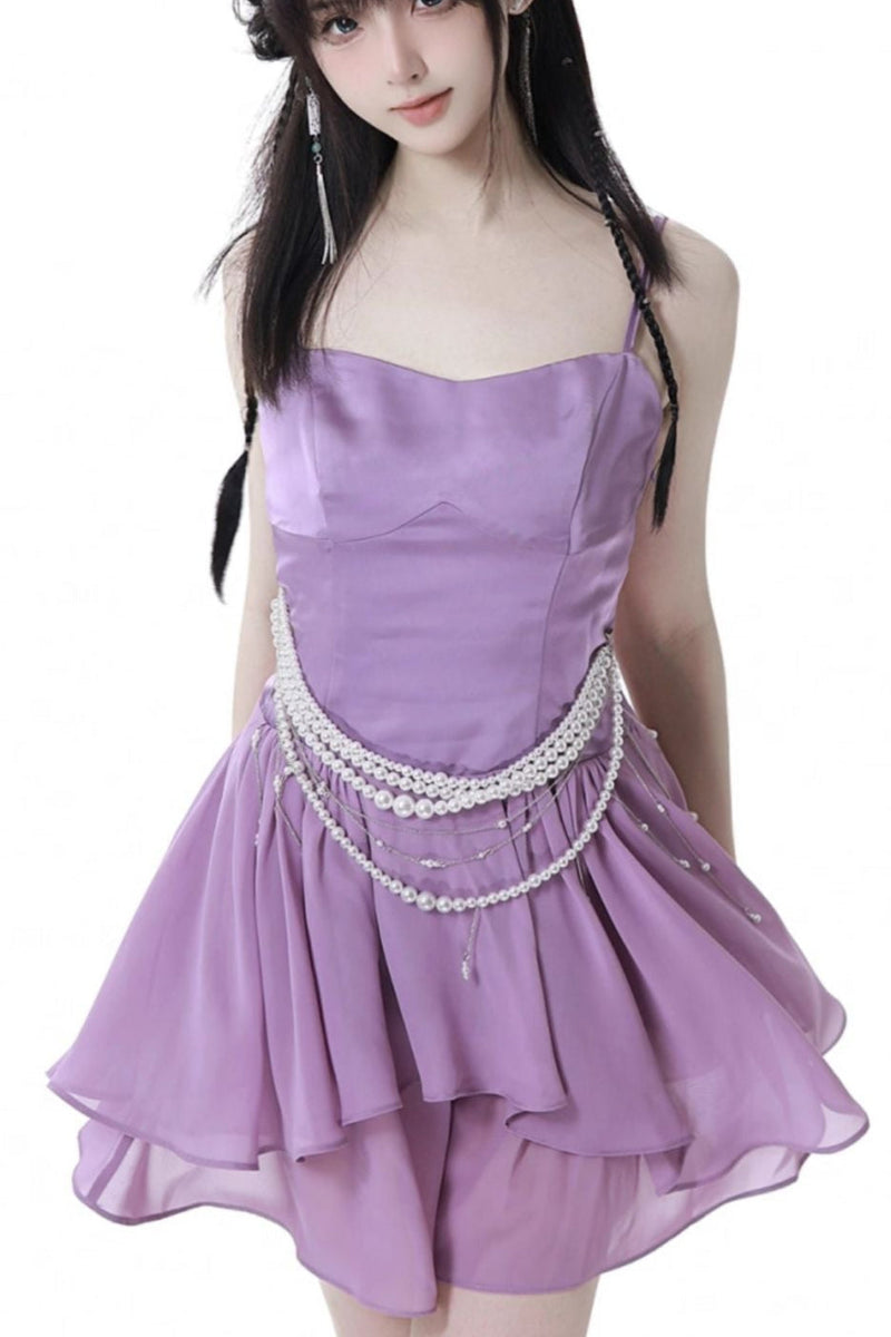 Light Smock Suspender Dress + Short Dress + China Design Sleeveless Top + Short Shirt + Pearl Accessories