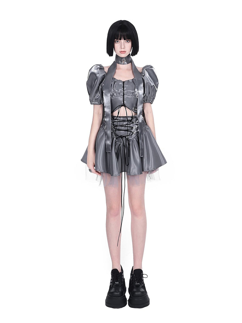 Cyberpunk Glitter Set Cross Neck Stole + Puff Sleeve Short Top + Lace Up Tulle Skirt