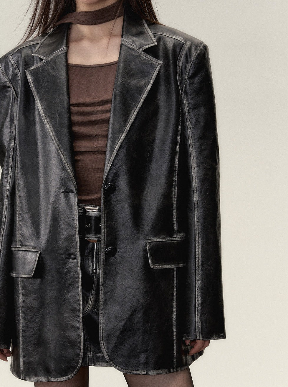 Washed Leather Over Jacket + Short Skirt