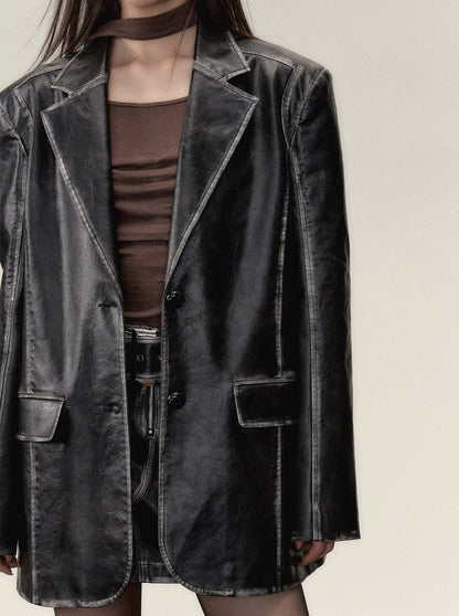 Washed Leather Over Jacket + Short Skirt