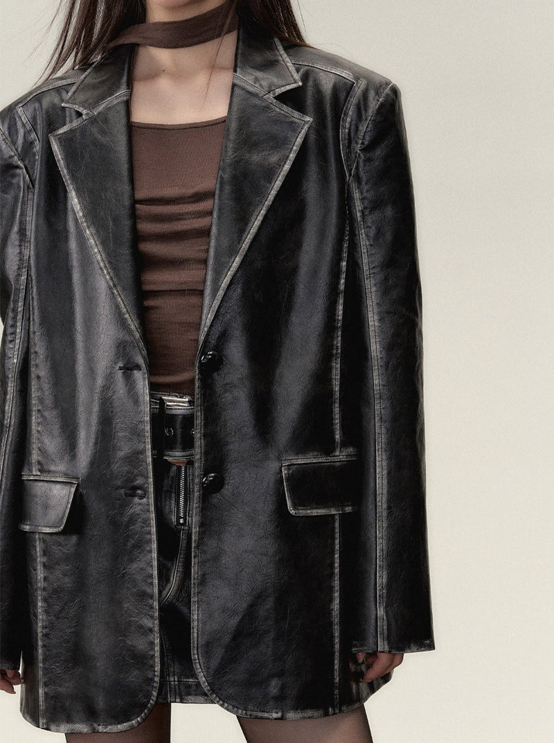Washed Leather Over Jacket + Short Skirt
