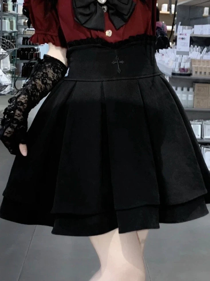 [pre-order] Lace Cross Collar Top + High Waist Skirt