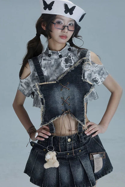 Y2k Star Denim Overall Skirt + Inner Top