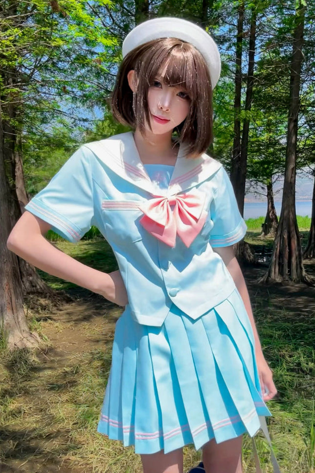 Anime Girl Light Blue Sailor Suit + Pleated Skirt