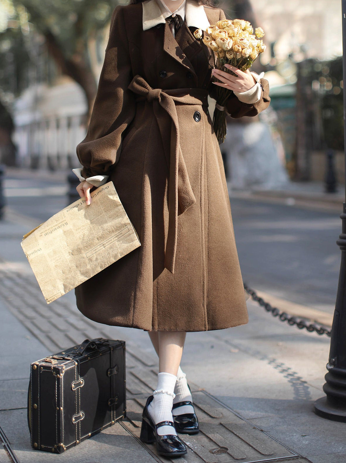 Retro Brown Plaid Volume Sleeveless Layered Dress + Pearl Ribbon Accessory + Classic Belt Coat [pre-order]