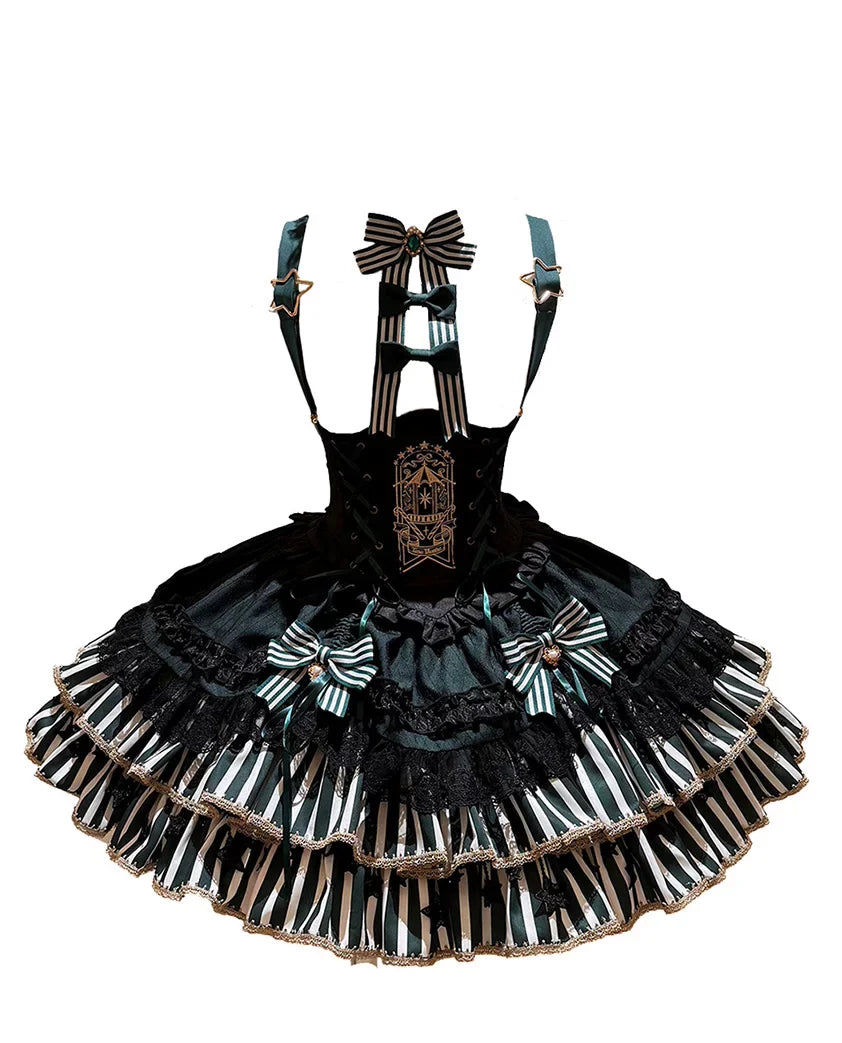 [pre-order Deadline: May 20] Magical Girl Lolita Lace Puff Sleeve Shirt + Black X Green Ribbon Corset Tiered Dress + Mini Hat