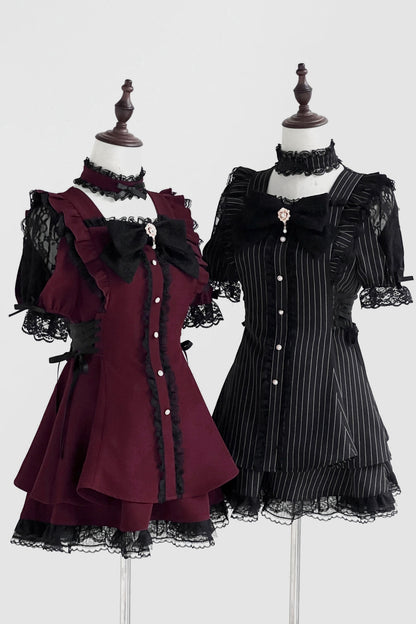 Jirai Stripe Lace Puff Sleeve Top + Short Skirt