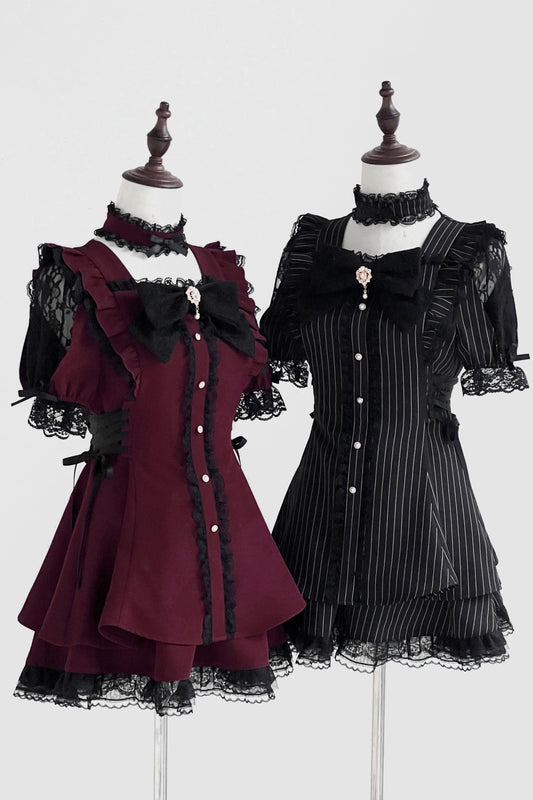 Jirai Stripe Lace Puff Sleeve Top + Short Skirt