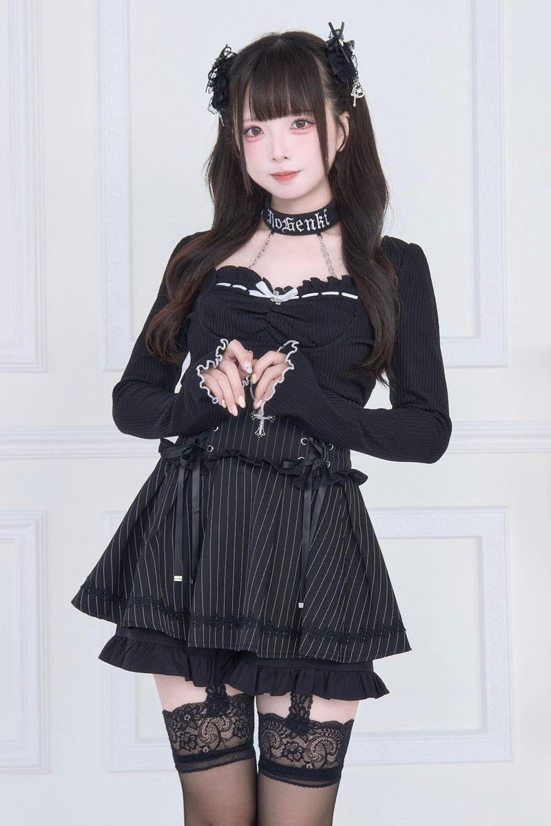 [pre-order] Choker Neck Square Ruffle Knit Top + Gothic Cross Lace Up Skirt