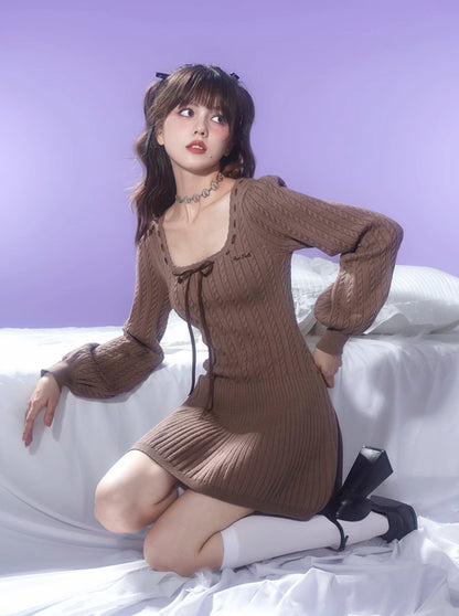 Balloon Sleeve Brown Knit Dress