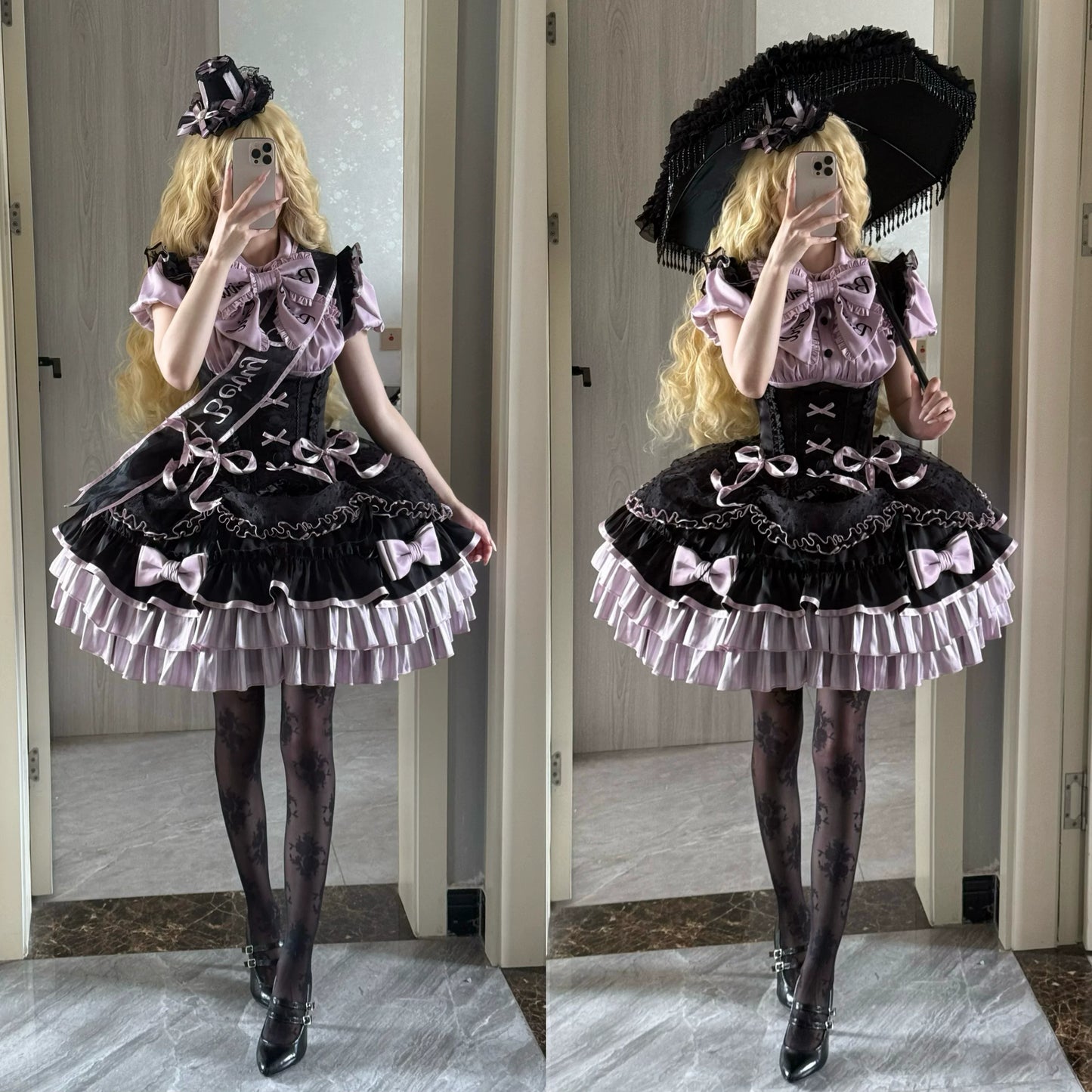 [order Deadline: May 12] Black Purple Lolita Idol Ribbon Puff Sleeve Shirt + Corset Tulle Pull-up Jks Dress Set
